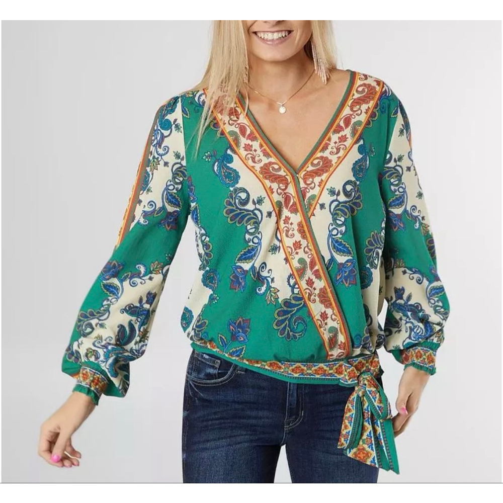 Flying Tomato Green Beige Paisley Wrap Blouse XS